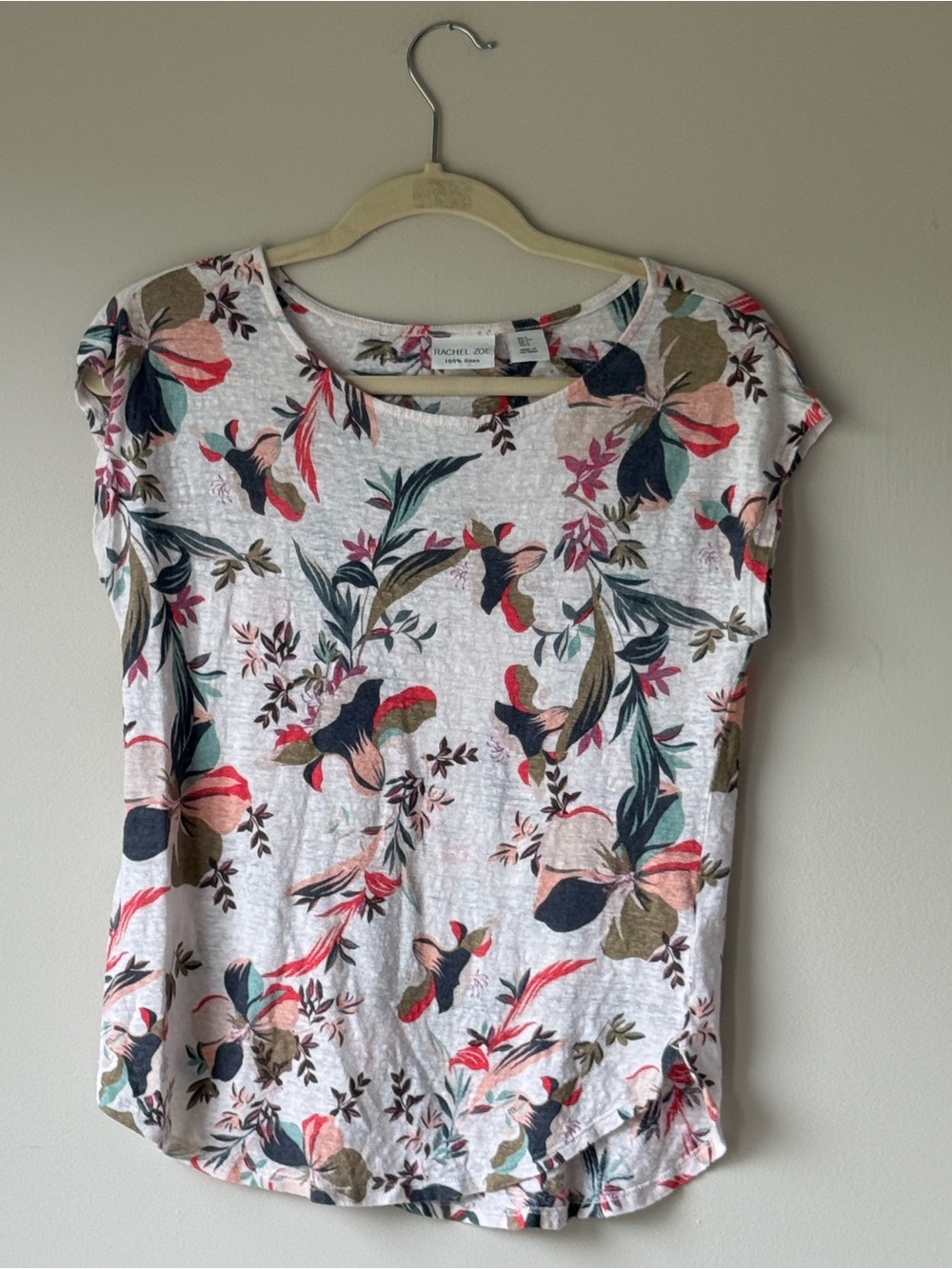 Rachel Zoe Linen Cream Floral Crewneck Short Sleeve Tee